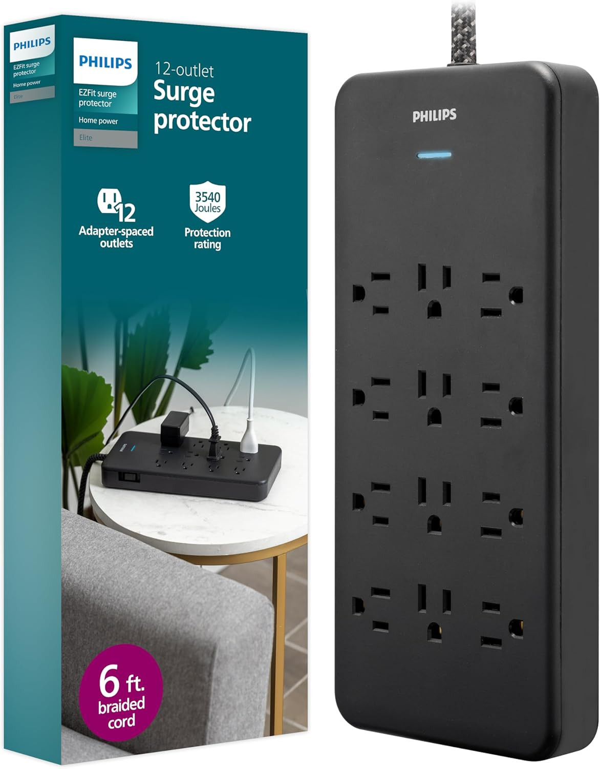 Philips 12-Outlet Surge Protector Power Strip, 6Ft Braided Extension Cord, 3500