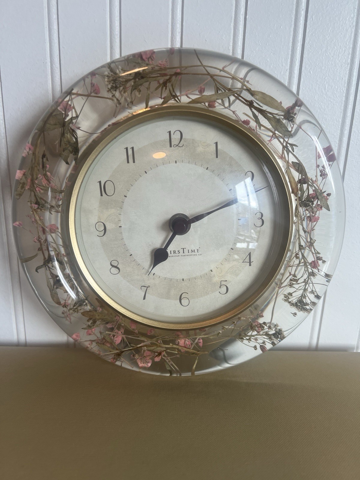 Clear Lucite Wall Clock With Dried Flowers Cottage Core Battery Operated