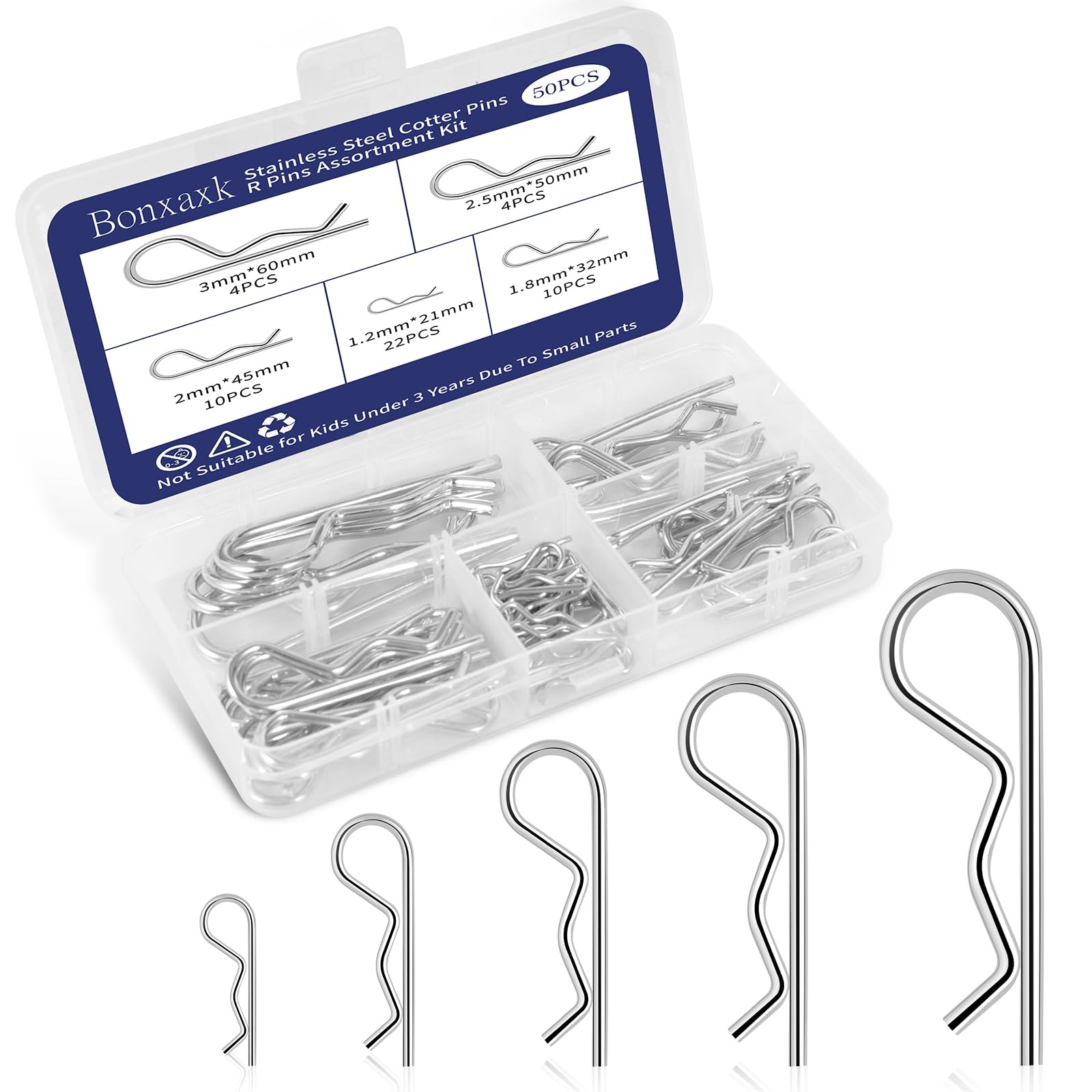 Cotter Pins 50 Pcs Assortment Kit Heavy Duty R Clips 5 Sizes Silver Hardware