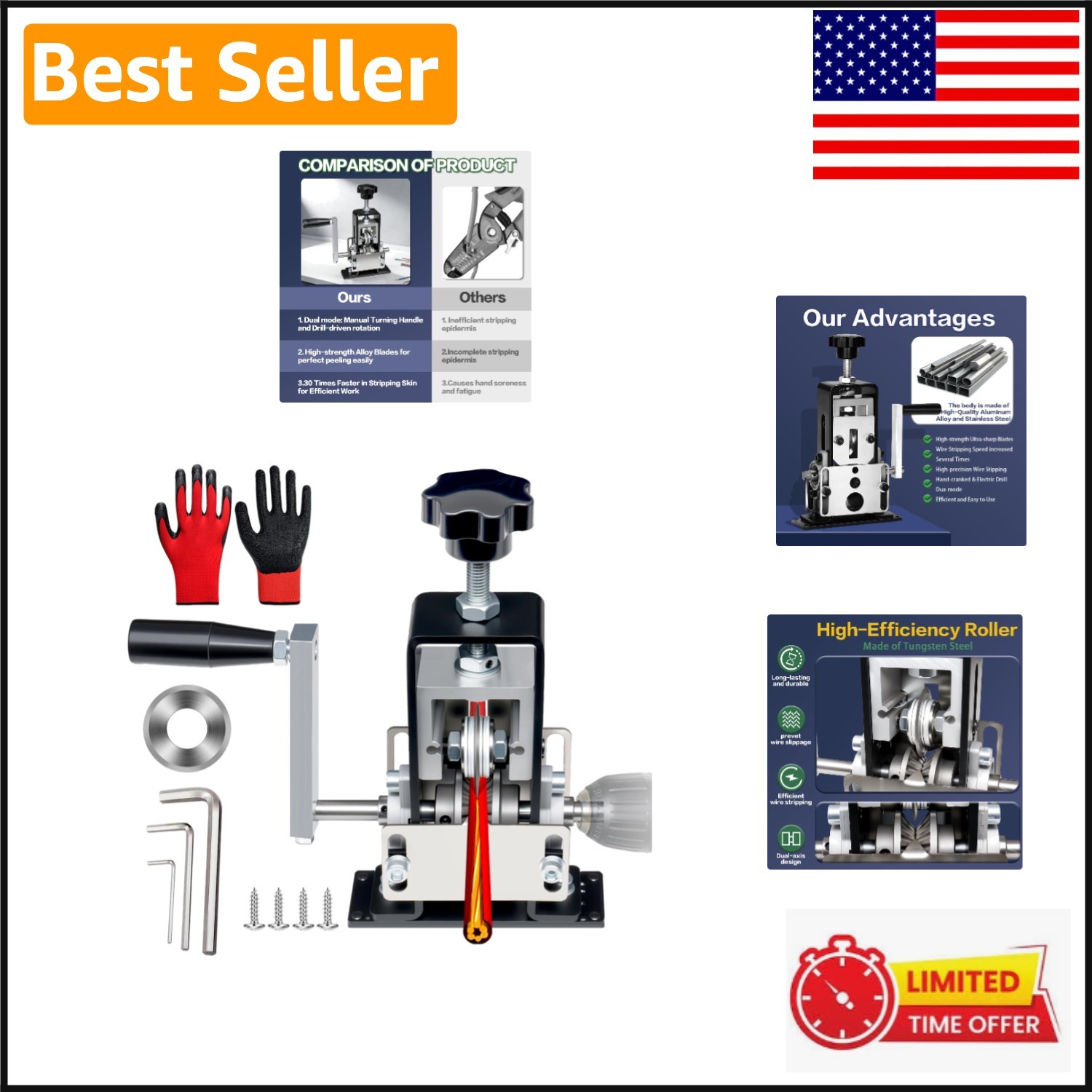 Manual Wire Stripping Machine for 0.06-1 Inch Wire - Drill & Hand Crank
