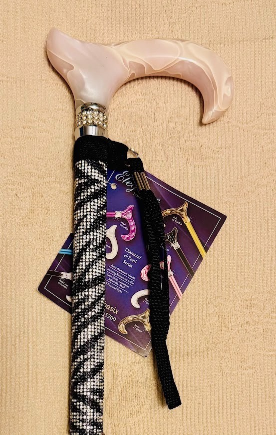 Ladies White Pearl Handle Black Shaft with Zebra  Rhinestones Bling Walking Cane