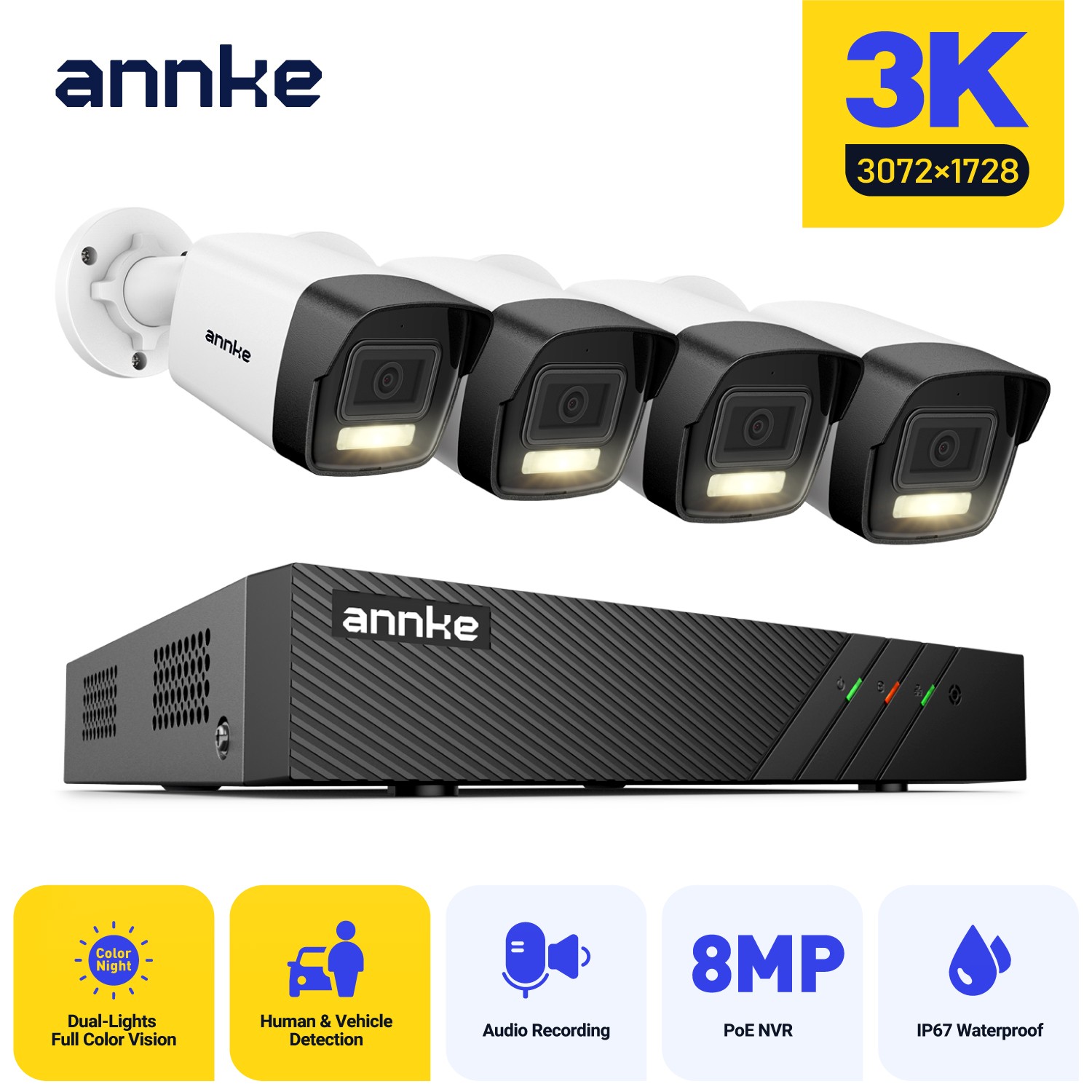 ANNKE 8MP 8CH NVR 3K Audio POE Security IP Camera System Outdoor Color Night AI