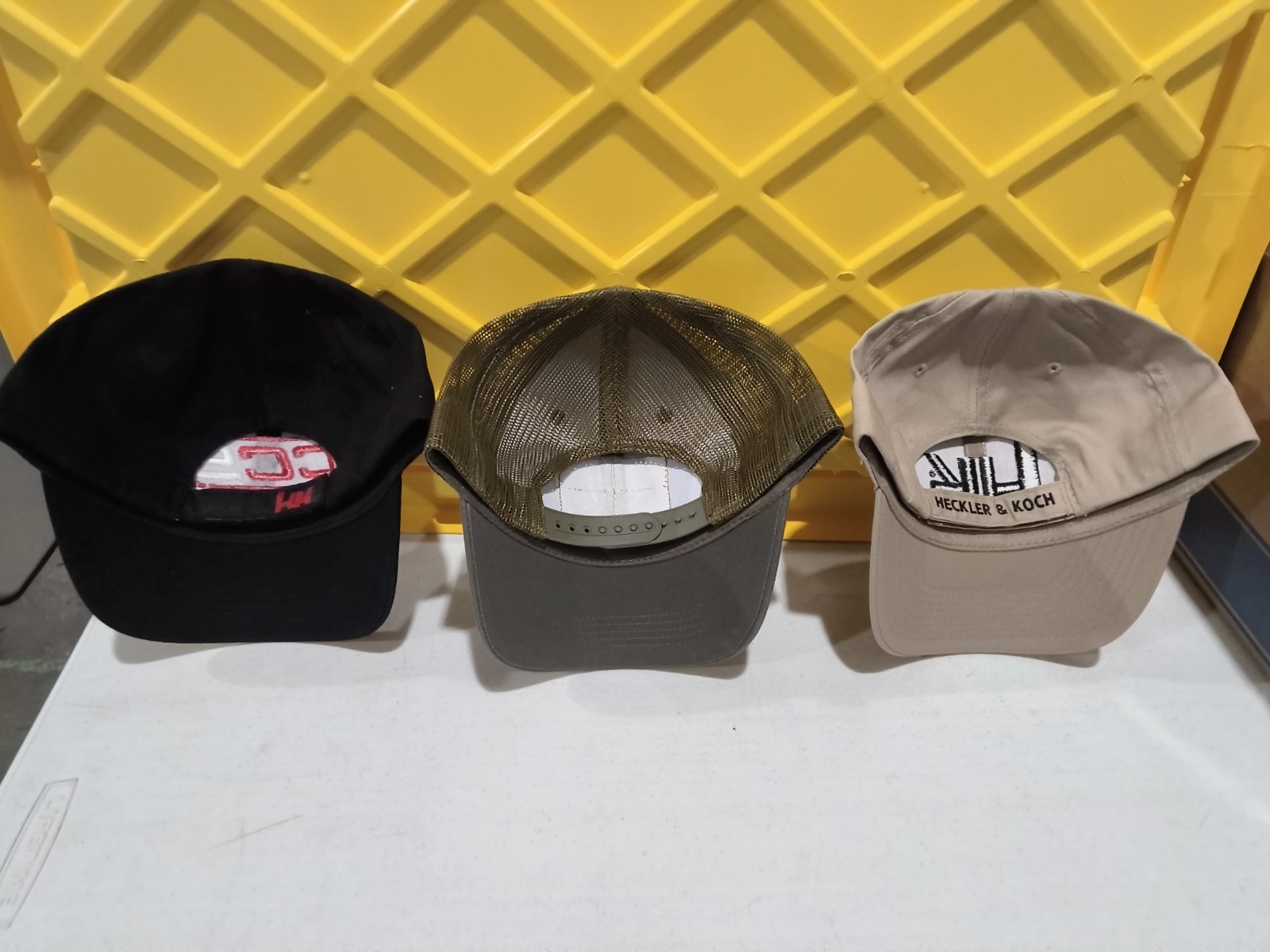Lot of (4) NWOT HK Heckler & Koch Adjustable Hats, Black, Gray/Green, Khaki