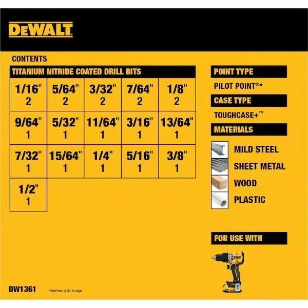 DEWALT Titanium Nitride Coated Drill Bit Set, Pilot Point, 21-Piece (DW1361)