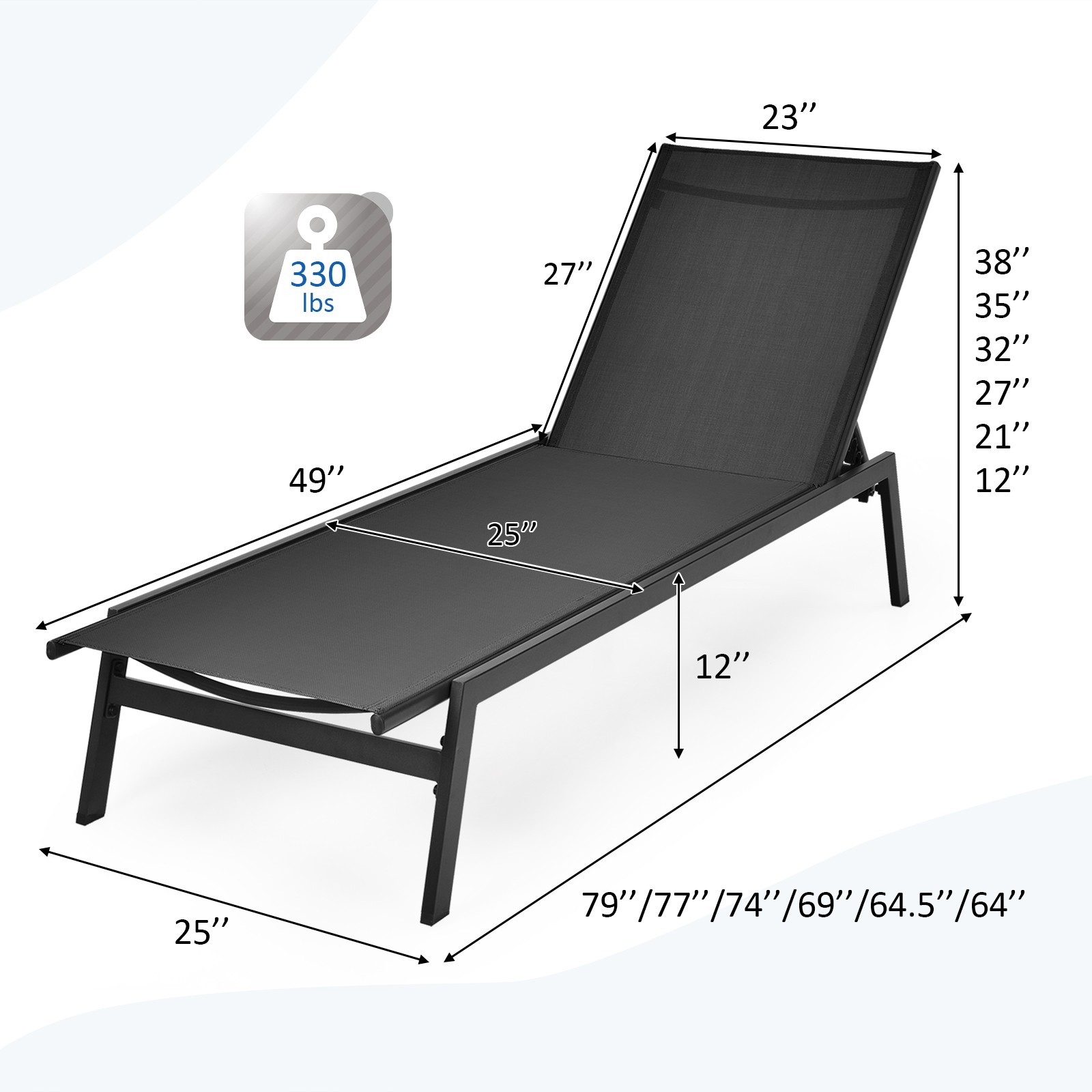 Patiojoy Lounge Chair Patio Chaise Recliner Back Adjustable Garden Deck Black