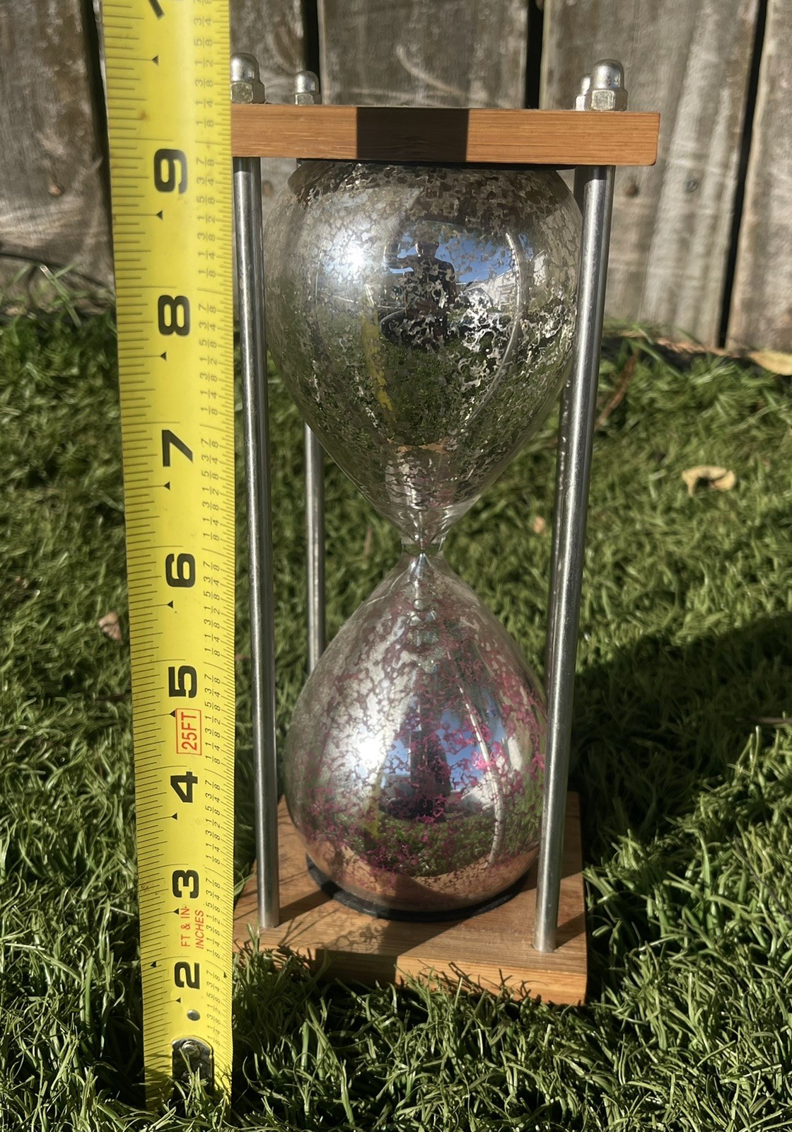 Vintage Blown Glass Metal Shimmer Hourglass Timer Wood Stand 9” Numbered Art MCM