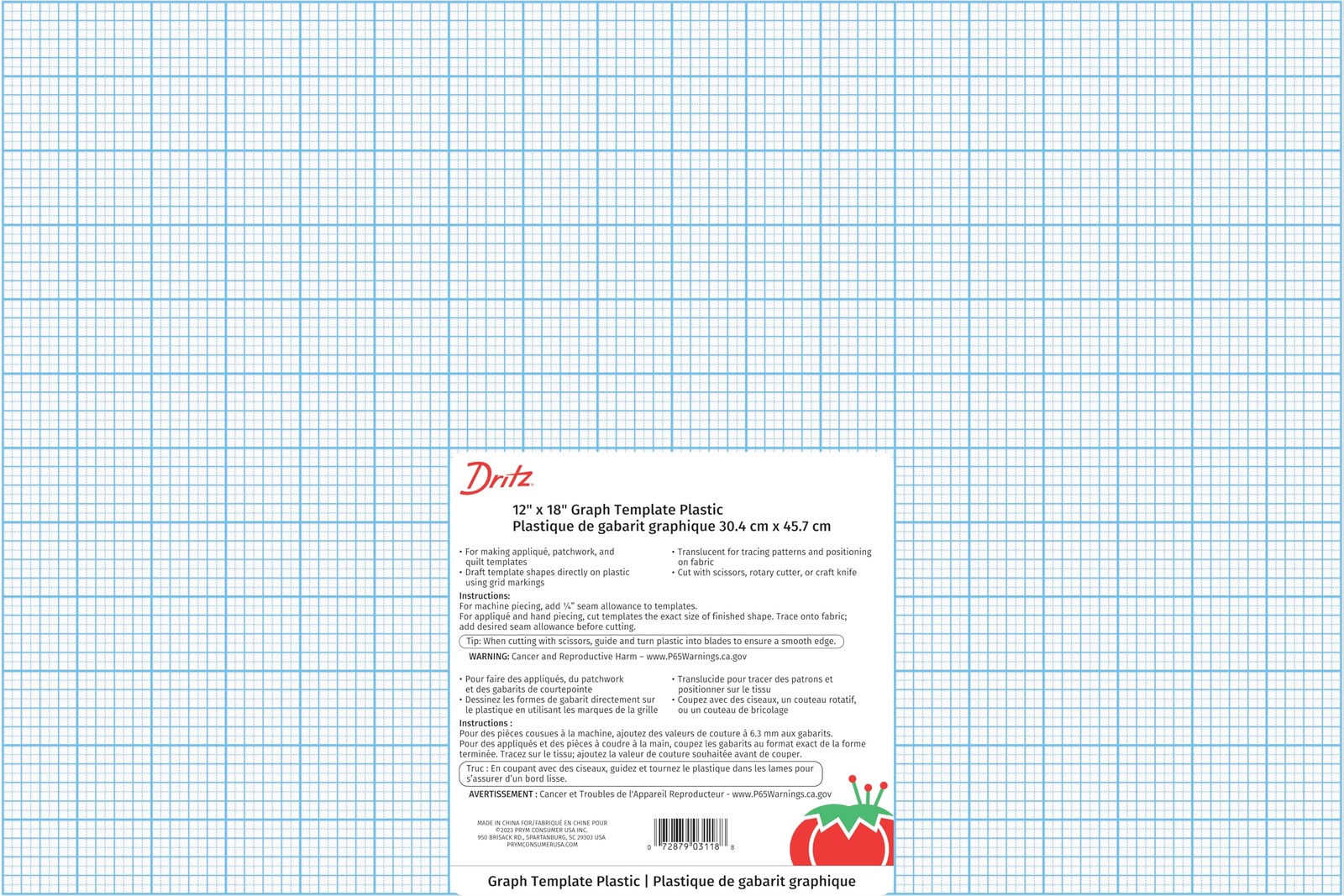 Dritz 3118 Plastic Gridded Template 12 x 18 inches, Semi-opaque