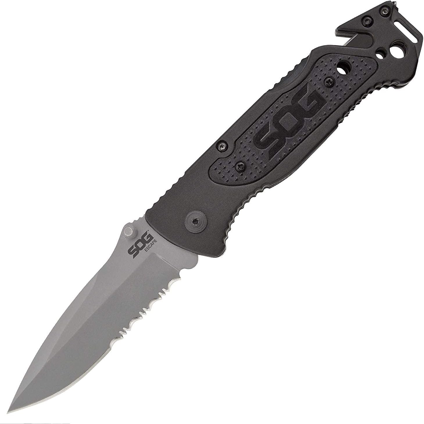 SOG Escape Folding Knife 3.4" Serrated Edge Blade w/ Glass Breaker Black