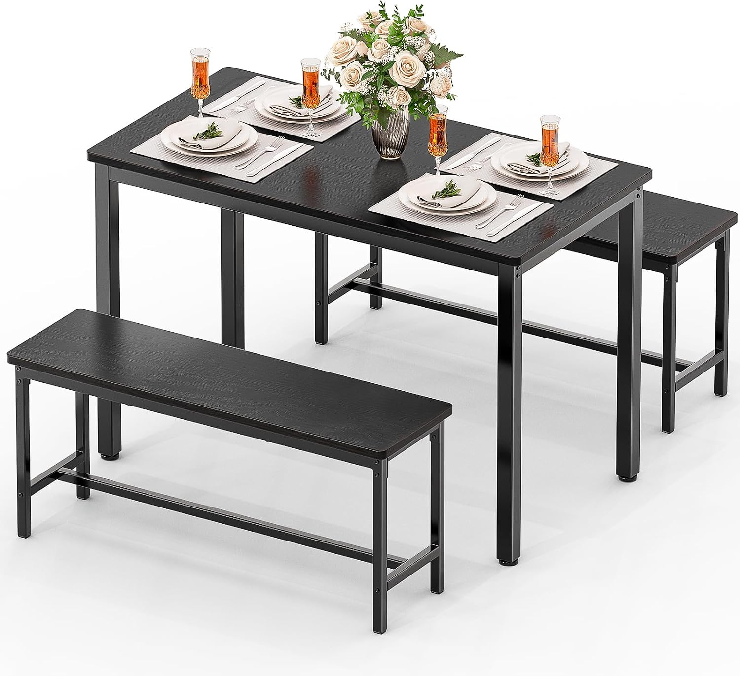 Dining Table Set for 4, Kitchen Table with 2 Benchs, Black | Modern Functional 3