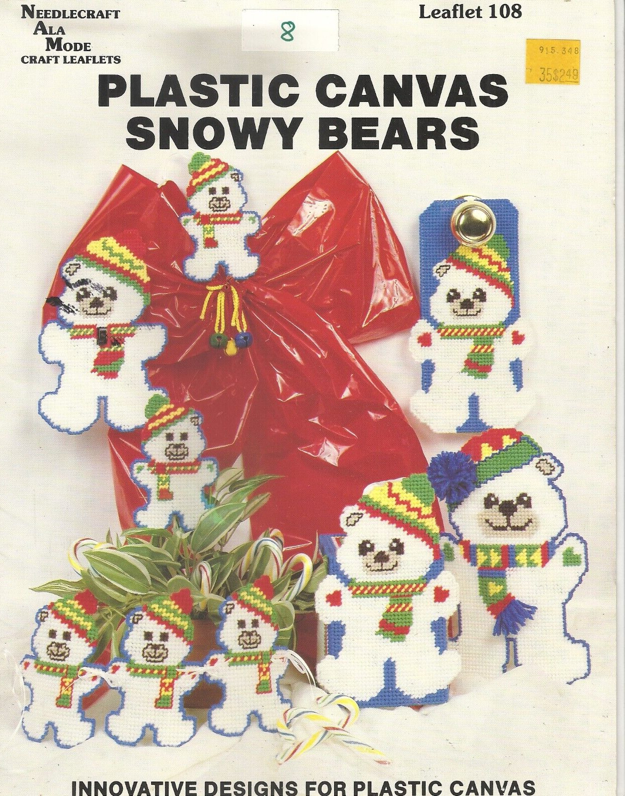NEEDLECRAFT ALA MODE PLASTIC CANVAS SNOWY BEARS PATTERN LEAFLET 108 ©1989