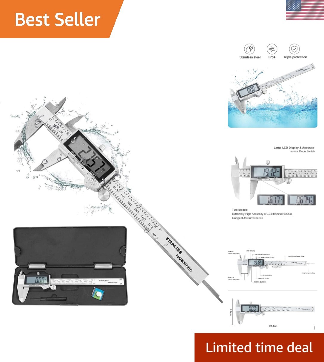 6 Inch Ultra-Accurate Digital Caliper with Ergonomic Design & Water Resistance
