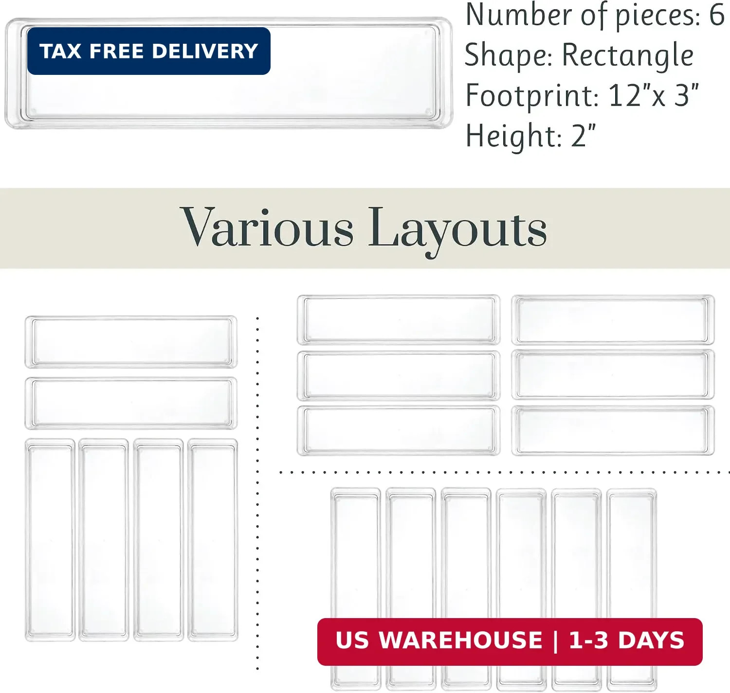 SimpleSort 6-Piece Stackable Clear Drawer Organizer Set | 12" x 3" x 2" Re