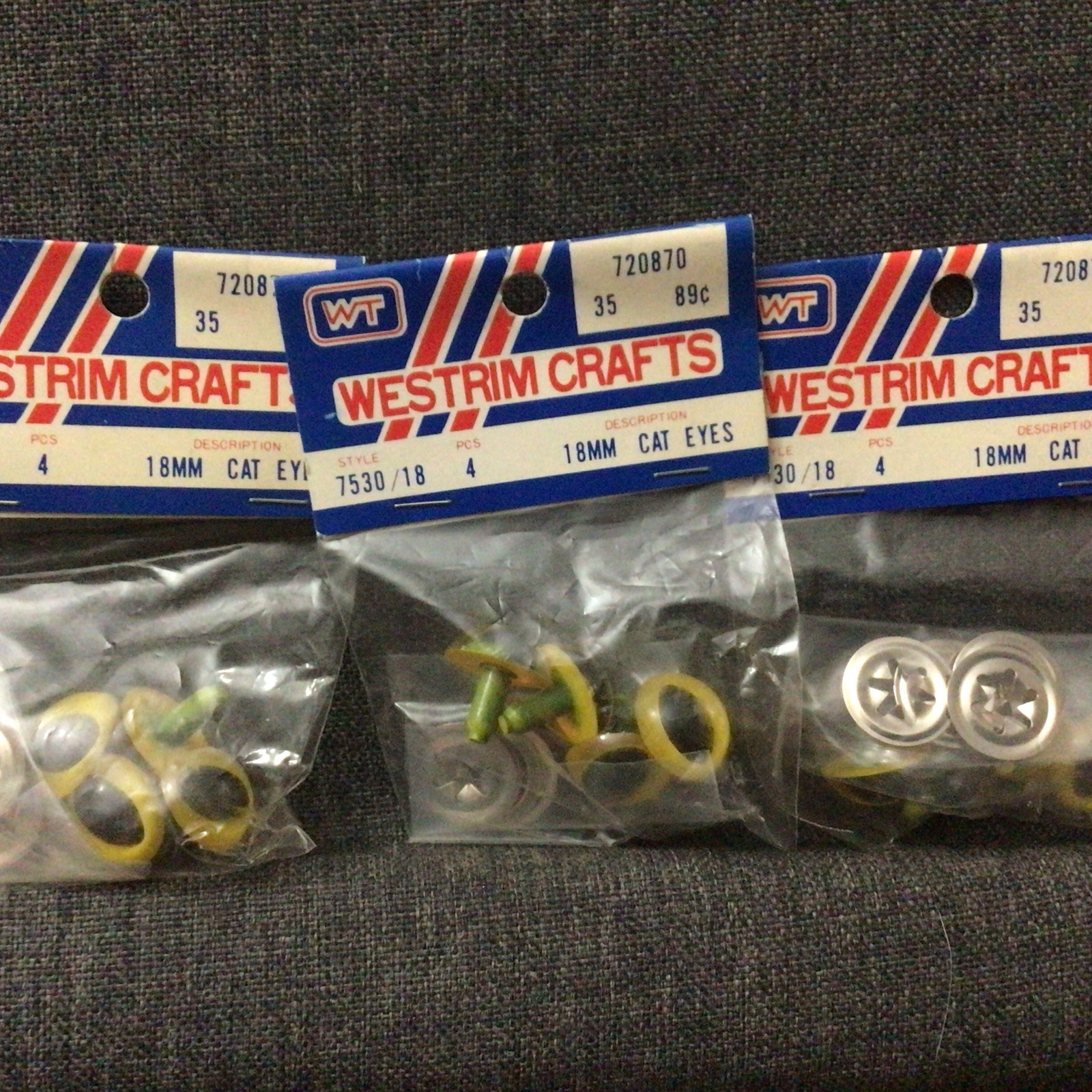 Lot Of 3 Vintage Bags For Crafts 18 Mm Cat Eyes Metal Backs 12 Pieces Yellow