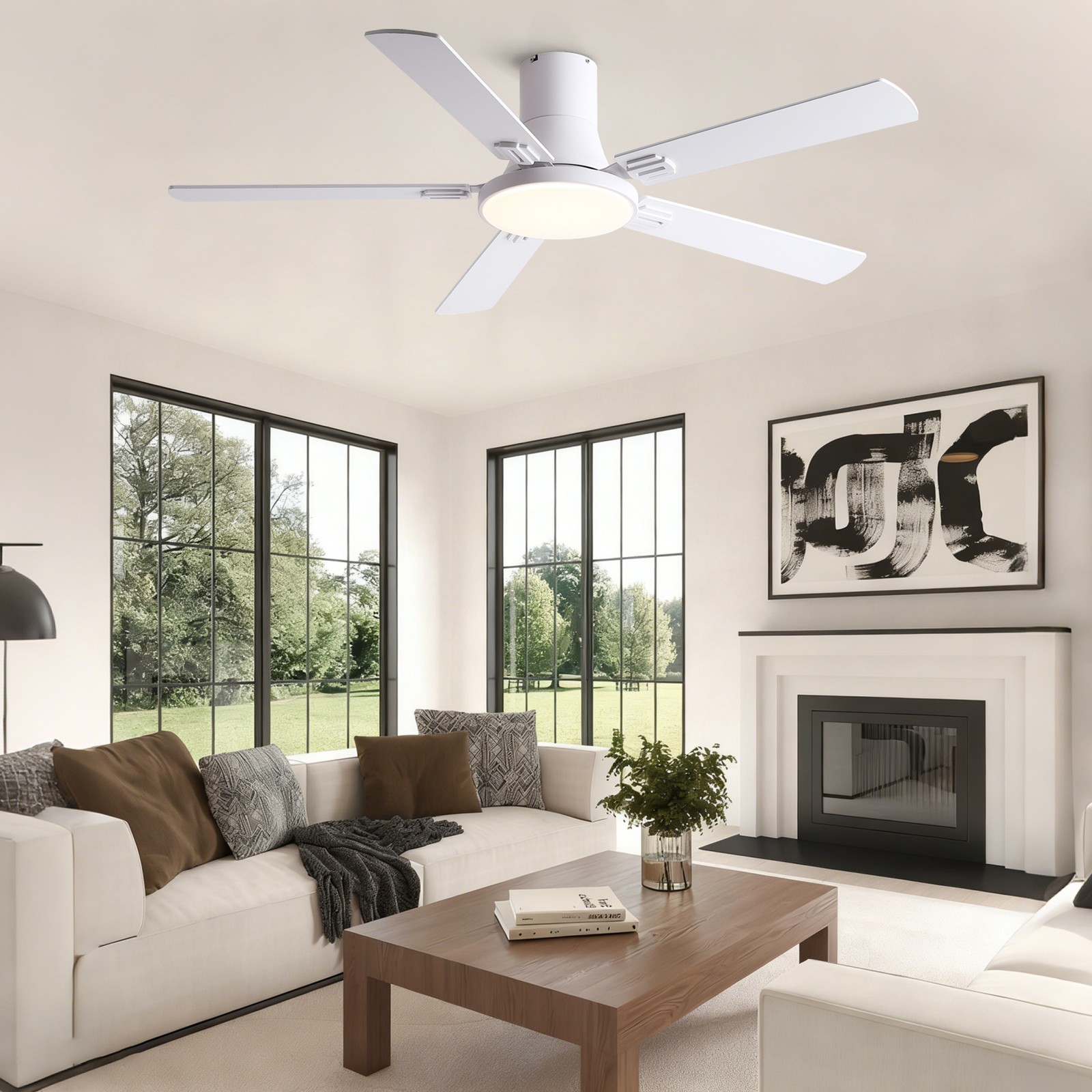 52" White Ceiling Fan with Light and Remote Control, 6-Speed DC Motor