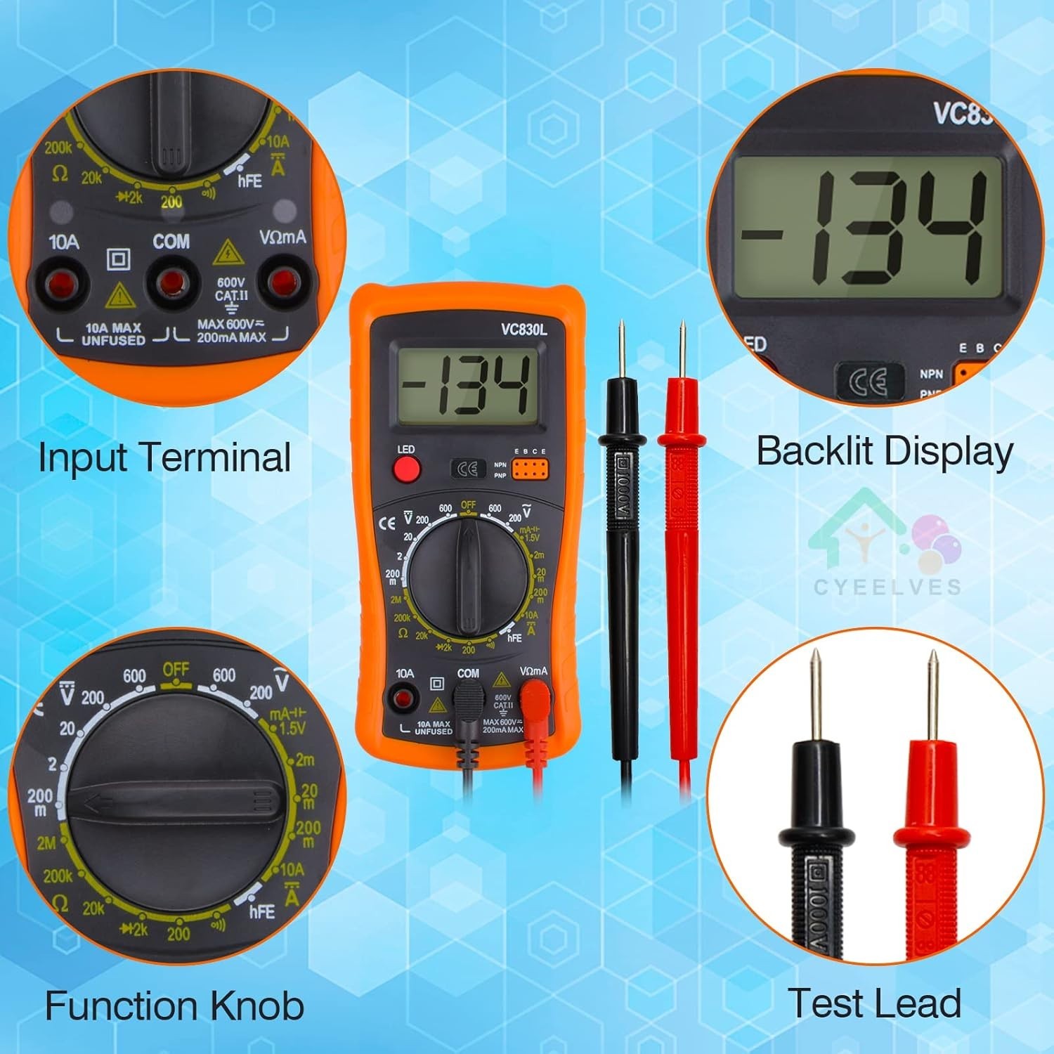 Multifunction Digital Multimeter with Backlit Display for AC/DC Testing
