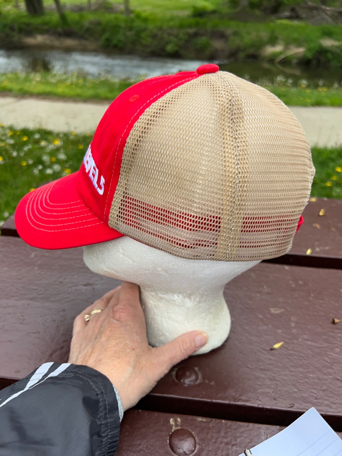 Trucker Hat Level 5 on Red Fabric Tan Mesh Hat Cap Hook Loop VGC