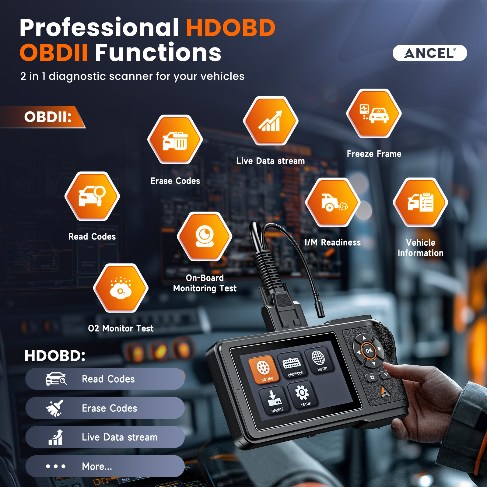 ANCEL HD431 Heavy Duty Truck Diagnostic Scanner DPF Regen Tool OBD2 Code Reader
