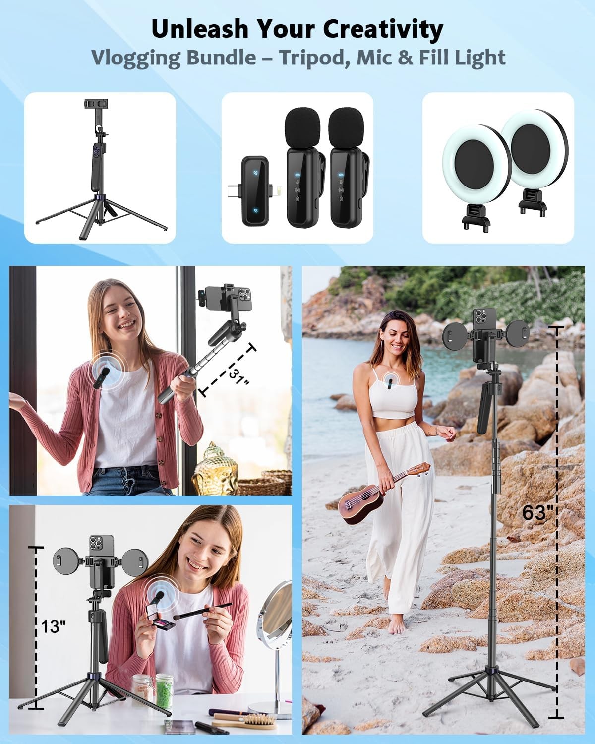 Vlogging Kit for iPhone/Android, 63”Auto Face Tracking Tripod for iPhone with Li