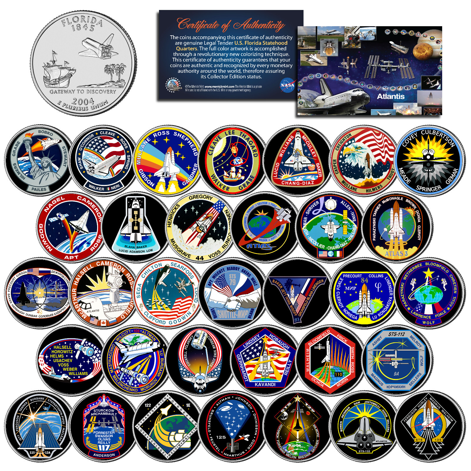 SPACE SHUTTLE ATLANTIS MISSIONS Colorized FL State Quarters US 33-Coin Set NASA