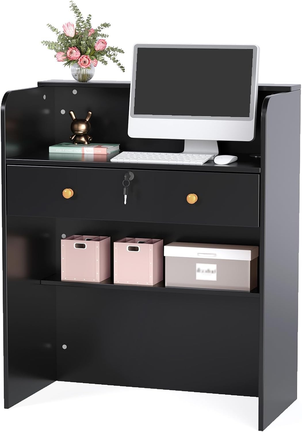 Reception Desk with Counter, Small Front Checkout Desk w/Lockable Drawer, Wooden