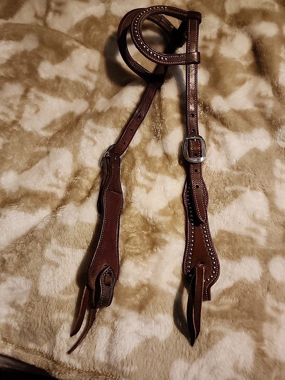 Double Eared Silver Dot Western Bridle Headstall Med Brown Leather EUC