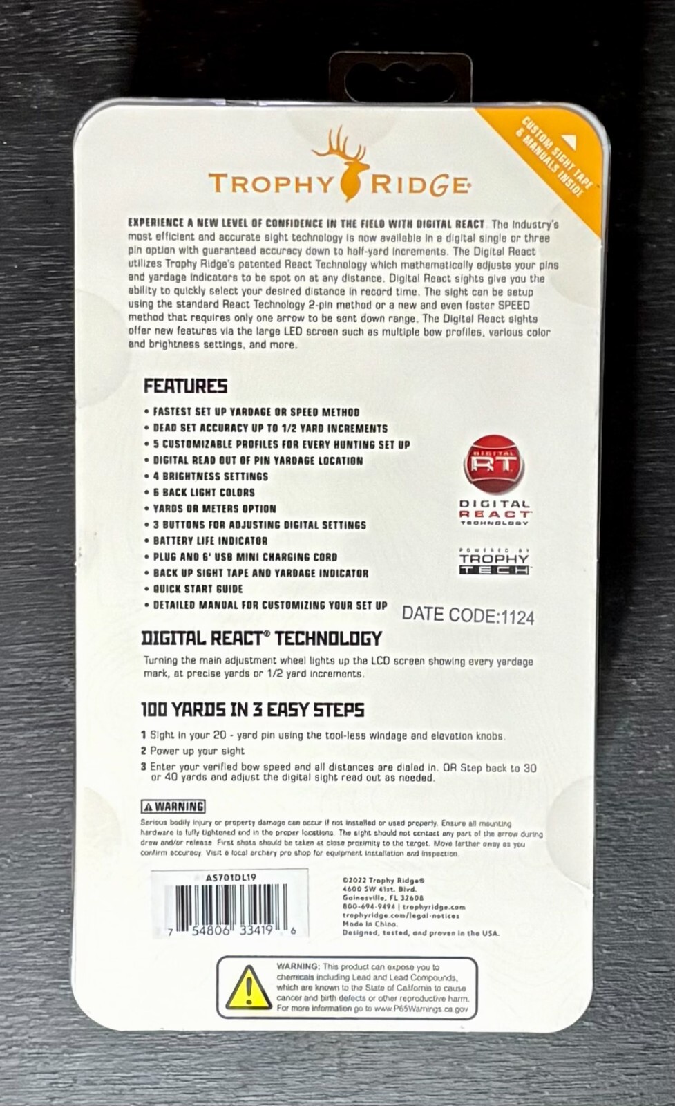Trophy Ridge Digital React 1 Pin Left Hand .019 Standard Mount New
