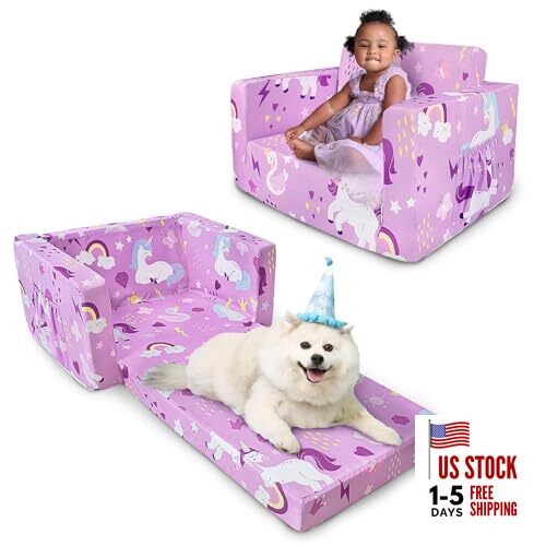 Kids Couch, 2-in-1 Toddler Sofa Fold Out, Soft Toddler Chair for Purple Unicorn