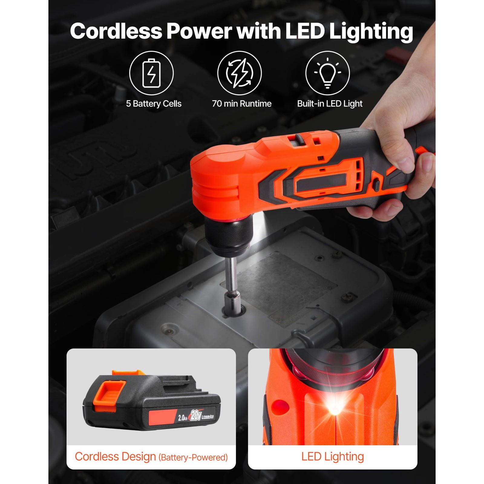 Cordless 3/8" Right Angle Drill, Brushless, 45N·m, LED Light