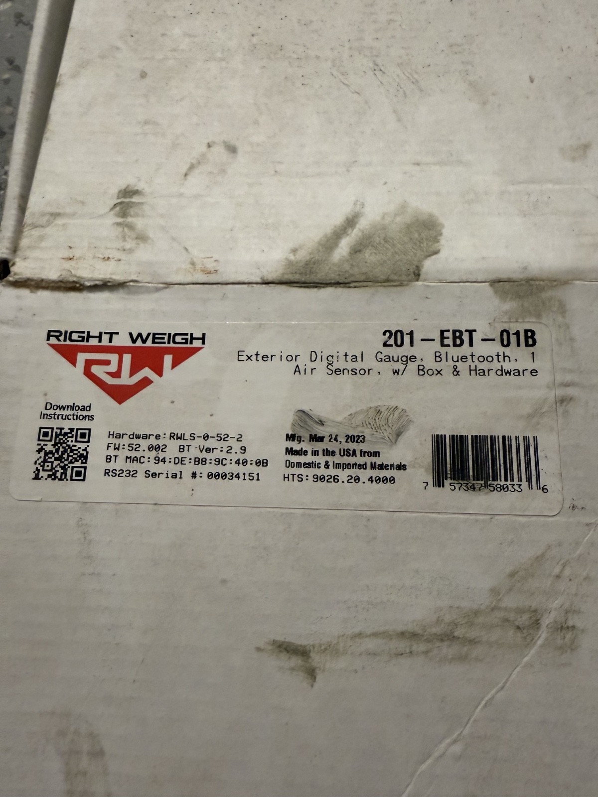 Right Weigh | 201-EBT-01B Bluetooth ExtDigital Load Scale wAirSensor |New In Box