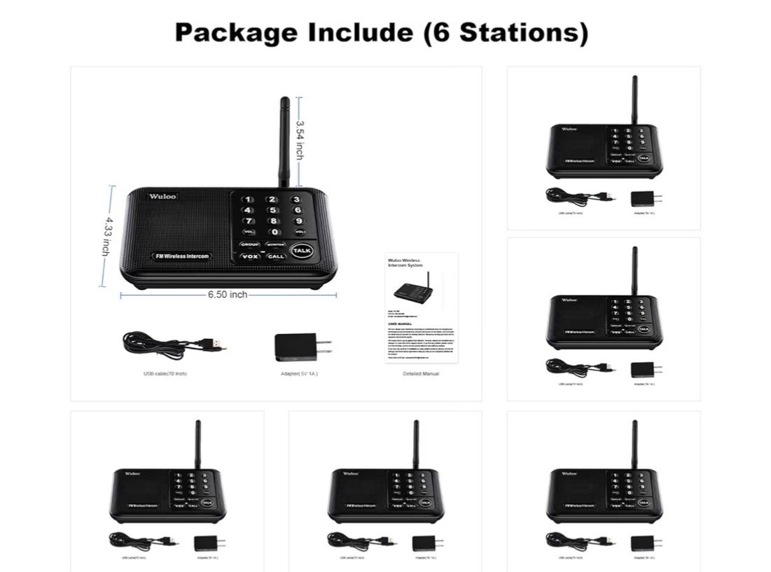 Wuloo Wireless Home Intercom System; 5280 Feet Range, 10 Channel, 3 Code, 6 Pack