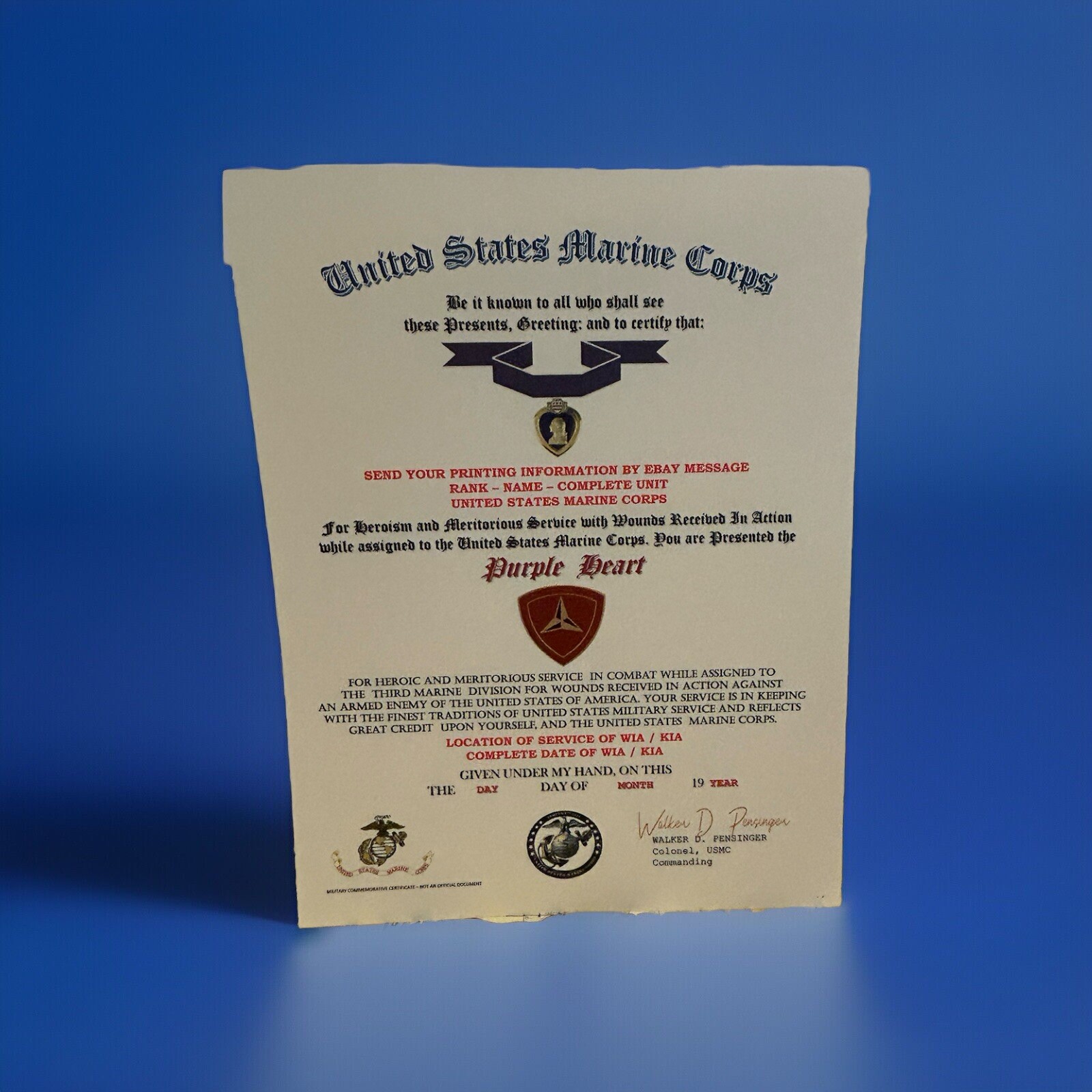 U.S.M.C. / P.H. MEDAL COMMEMORATIVE CERTIFICATE - 3RD MARINE DIVISION