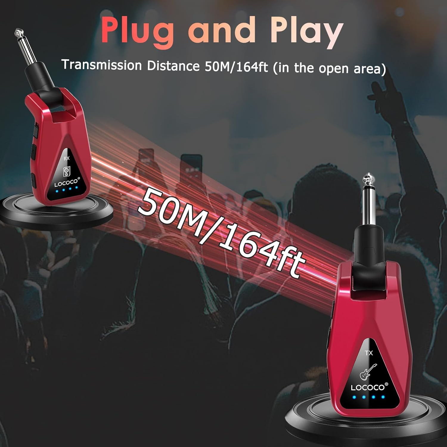 Wireless Guitar System Transmitter Receiver: UHF Cordless 164 Feet Range - 6 Cha