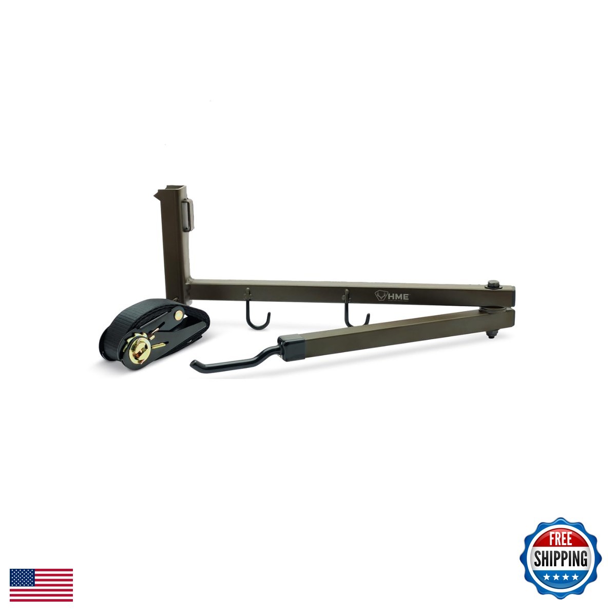 HME SOBH Tree Stand Bow Hanger w/2 Accessory Hooks & Ratchet Strap - Extends to
