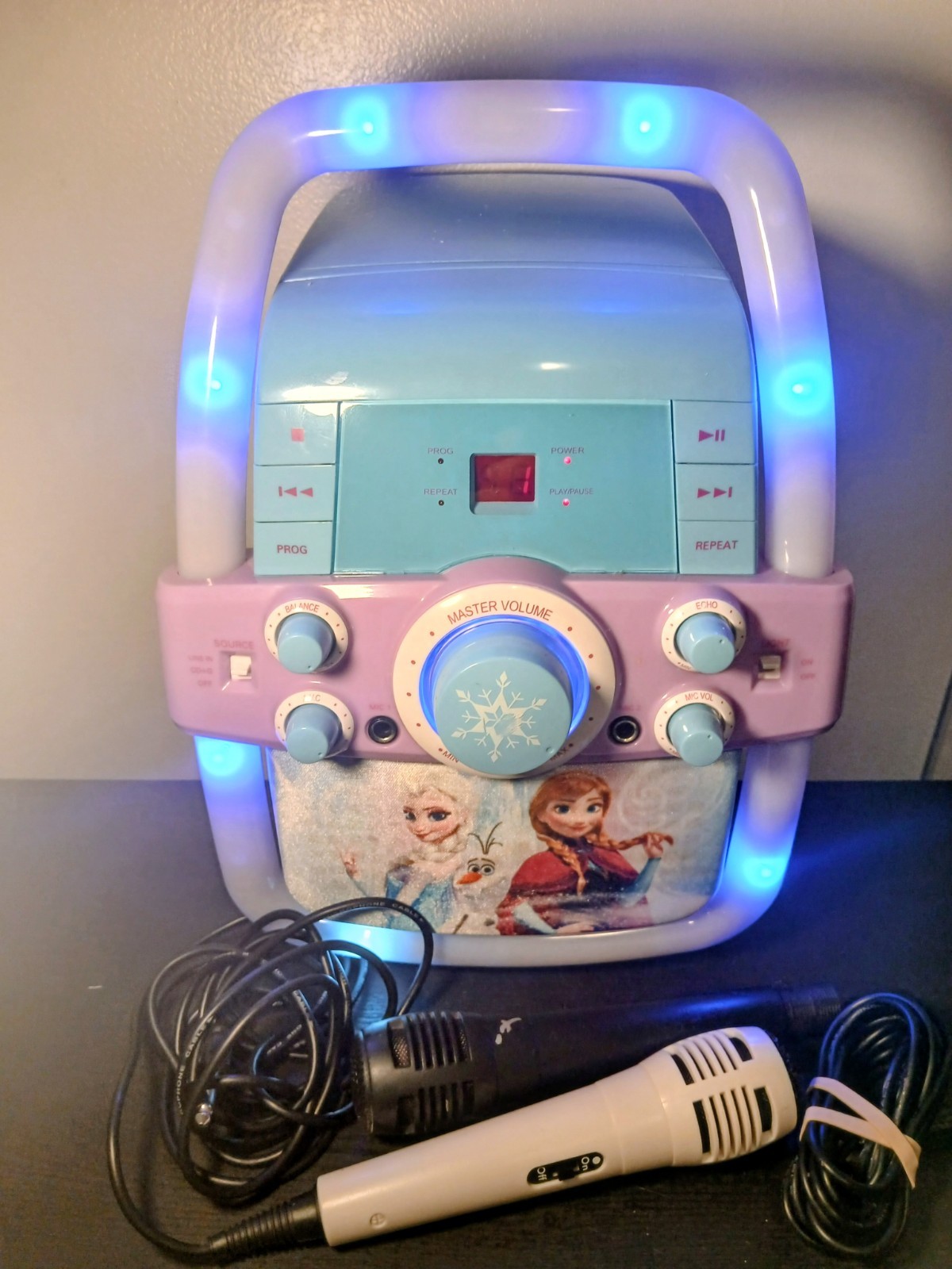 Frozen Movie Flashing Light Up Karaoke Machine- Two Microphones & Power Adapter