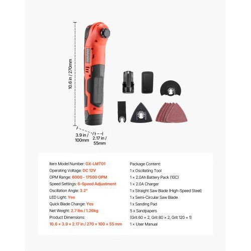 Cordless Oscillating Tool, 12V Multitool Oscillating Saw Tool with 6 Variable S
