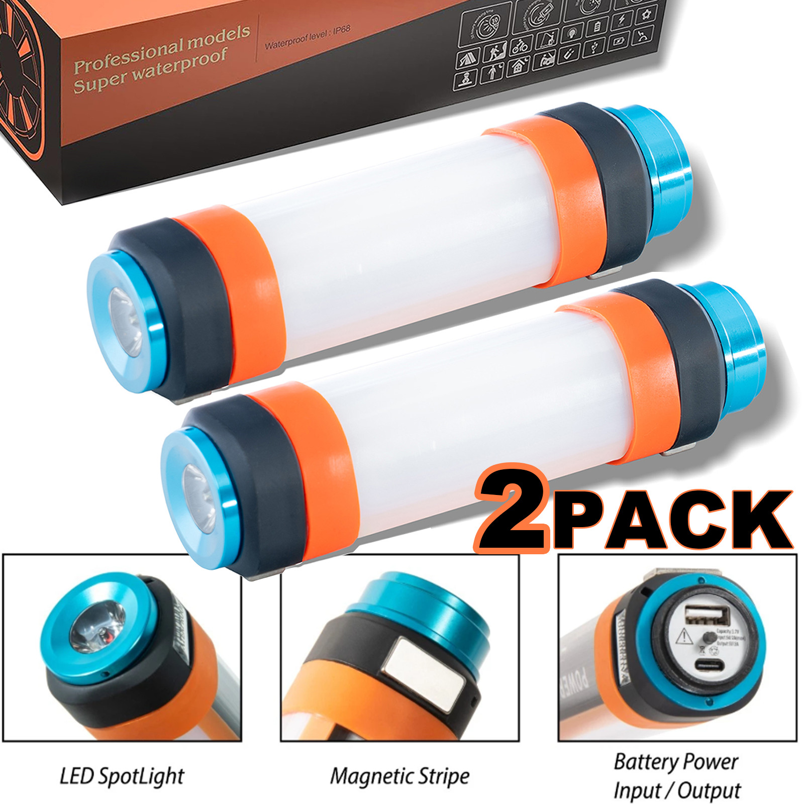 2x Camping LED Flashlight Rechargeable Magnetic Flashlights Window Breaker/ SOS