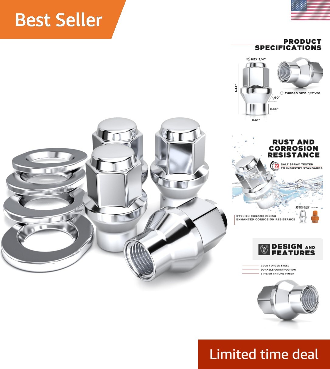 White Knight 1/2"-20 Thread Lug Nuts for Aftermarket or Factory Wheels - 4 Ch...