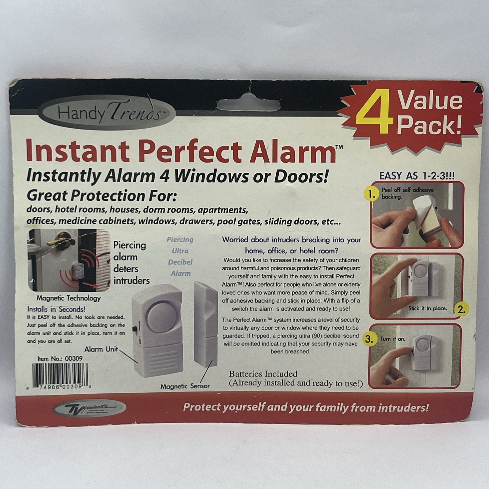 Handy Trends Instant Perfect Alarms 4 Pack Doors or Windows Fast Install Loud
