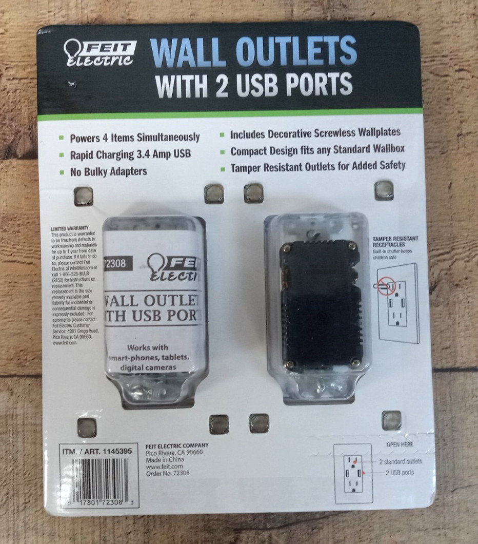 2 PACK - Feit Electric Wall Outlets With 2 USB Ports - Rapid Charging