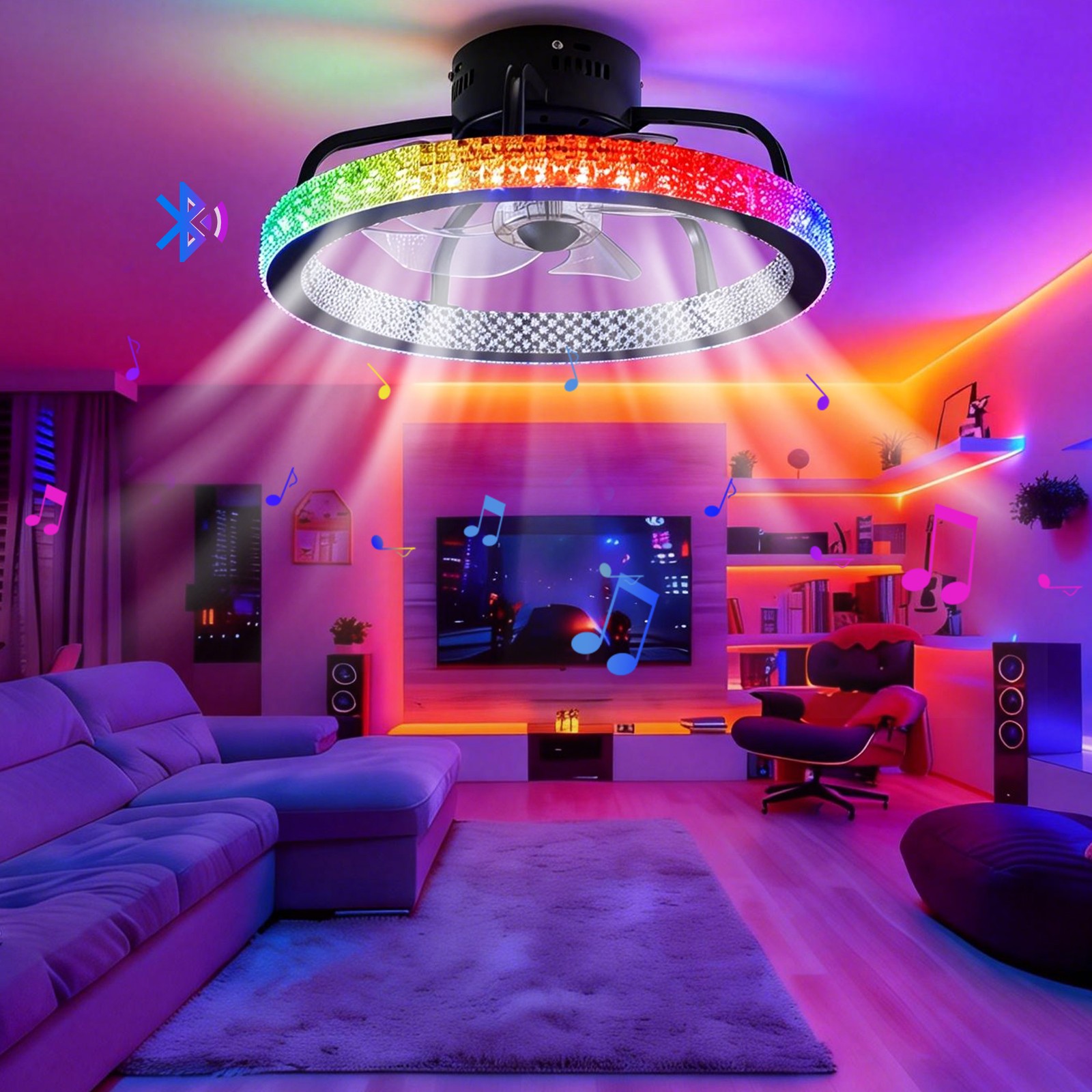 TCFUNDY RGB LED Ceiling Fan with Light App + Remote Control + Bluetooth Speaker