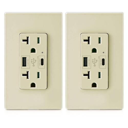 2Pack 4.8A USB C Outlet PD 24W 125 Volt, 20 Amp Tamper-Resistant Outlet