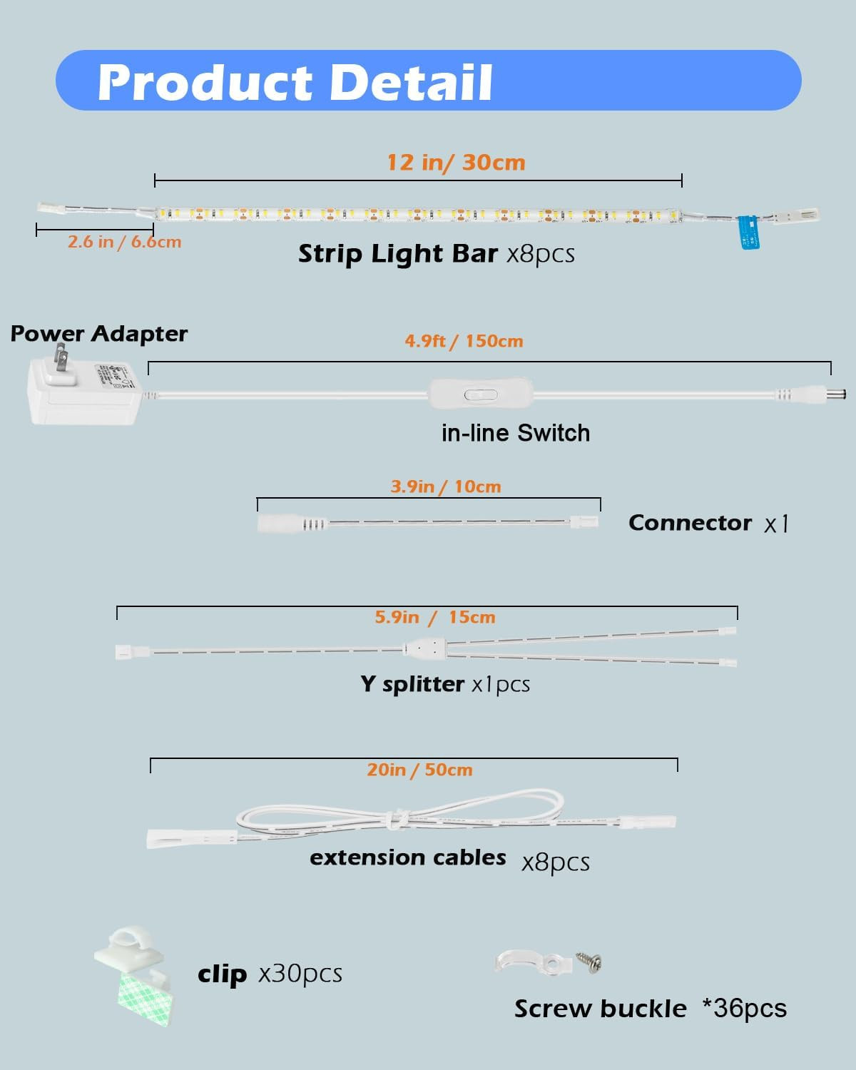LED under Shelf Lighting Kit, (8) Linkable 12-Inch Light Strips Set, 20W 2000Lm