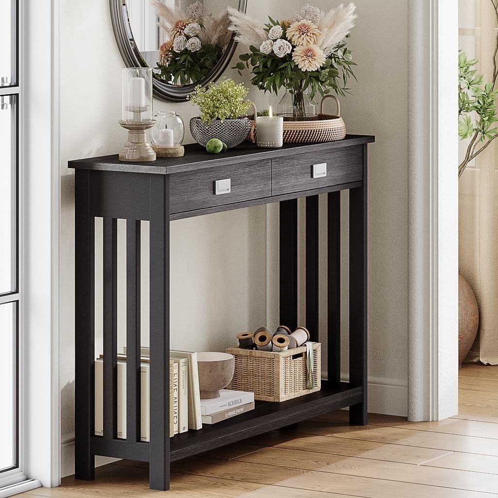 Black Entryway Table W/ Drawer Narrow Console Table Sofa Table W/ Storage Shelf
