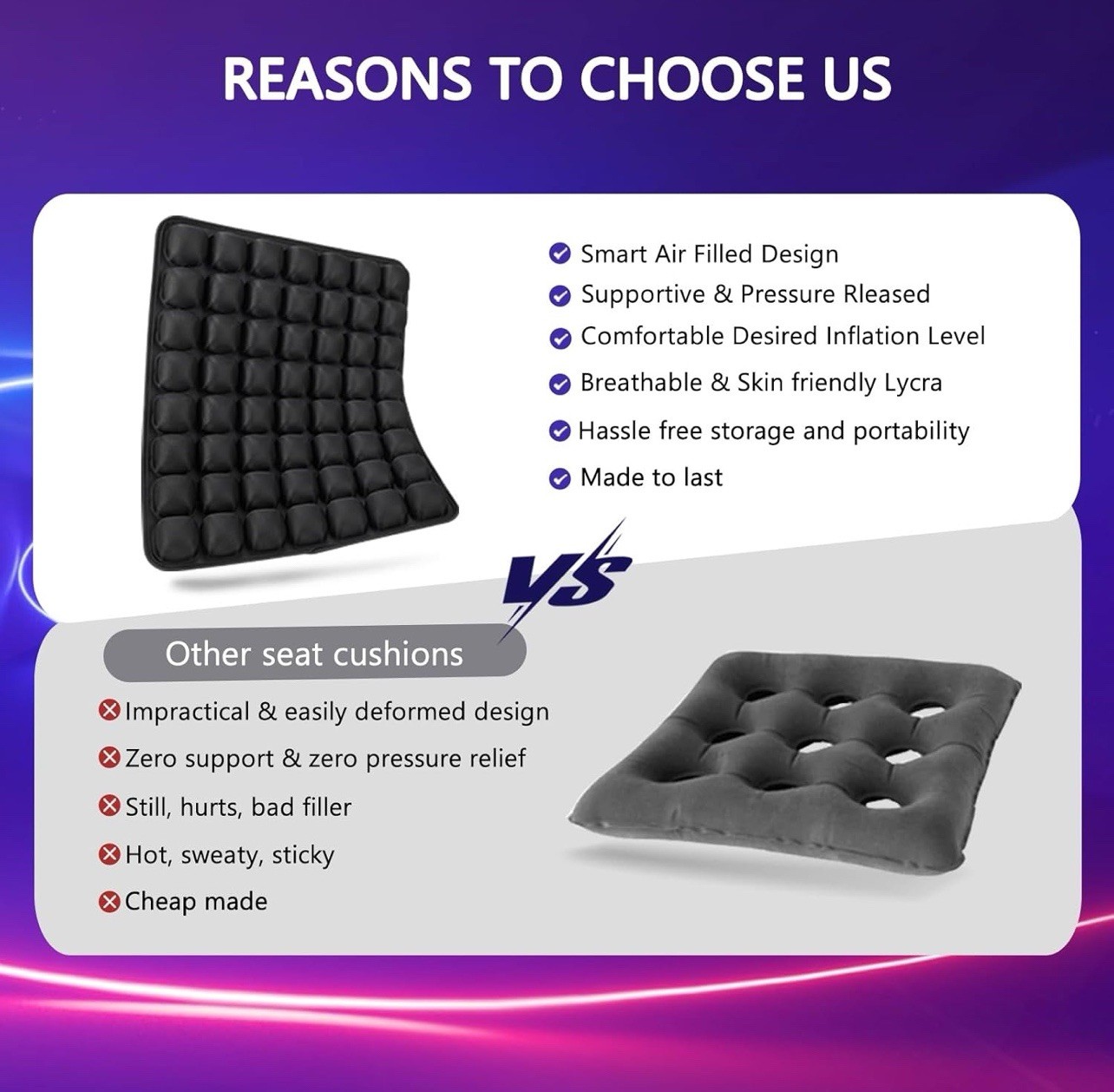 CAR SEAT CUSHION Inflatable Air Mat Pain Pressure Relief Pad Pump Gray SUNFICON