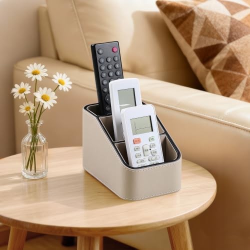 3 Compartments PU Leather Remote Control Holder, TV Remote Holder | Small Beige