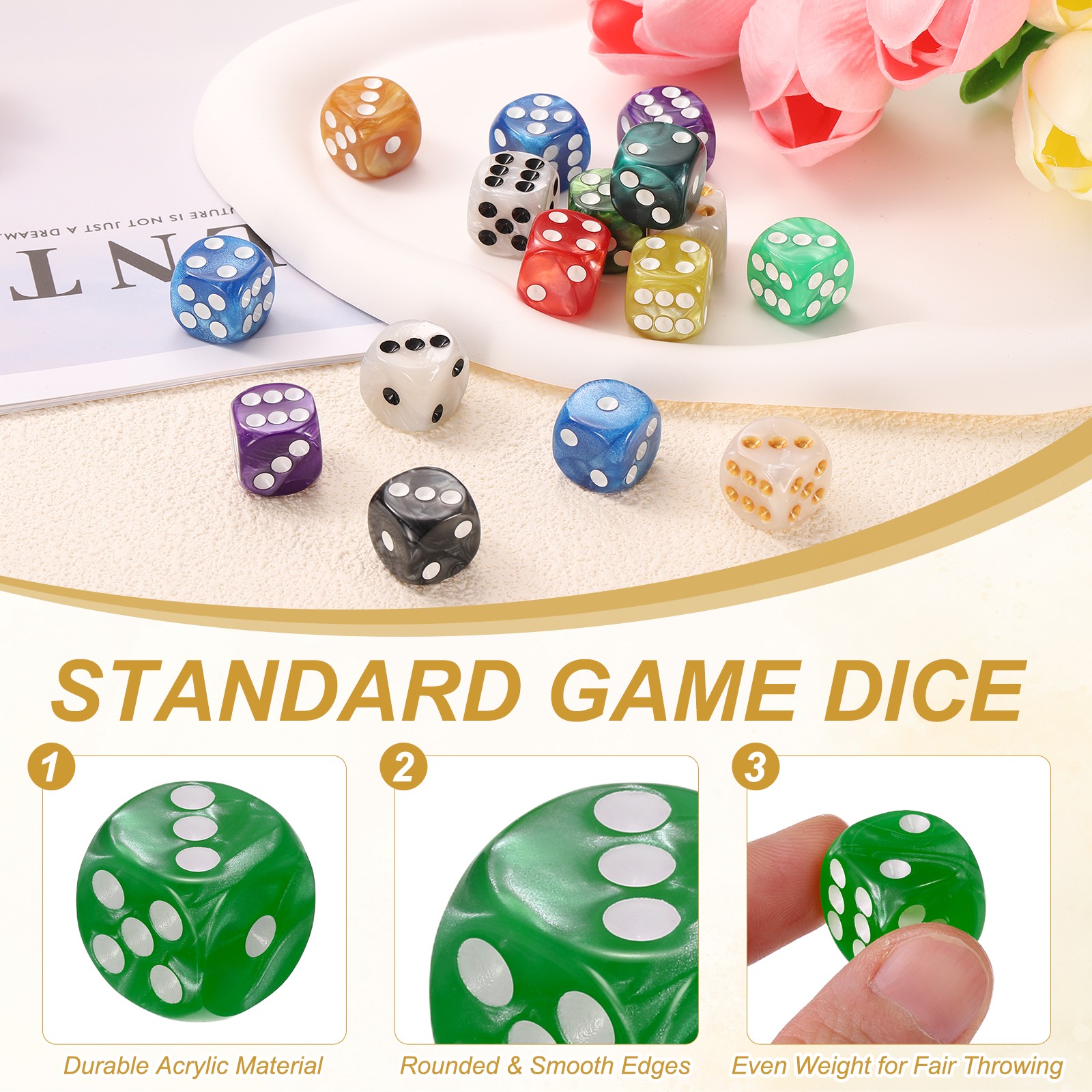 10Pcs Standard Game Dice Set 16mm Pearl Pattern Square Dice, Light Green