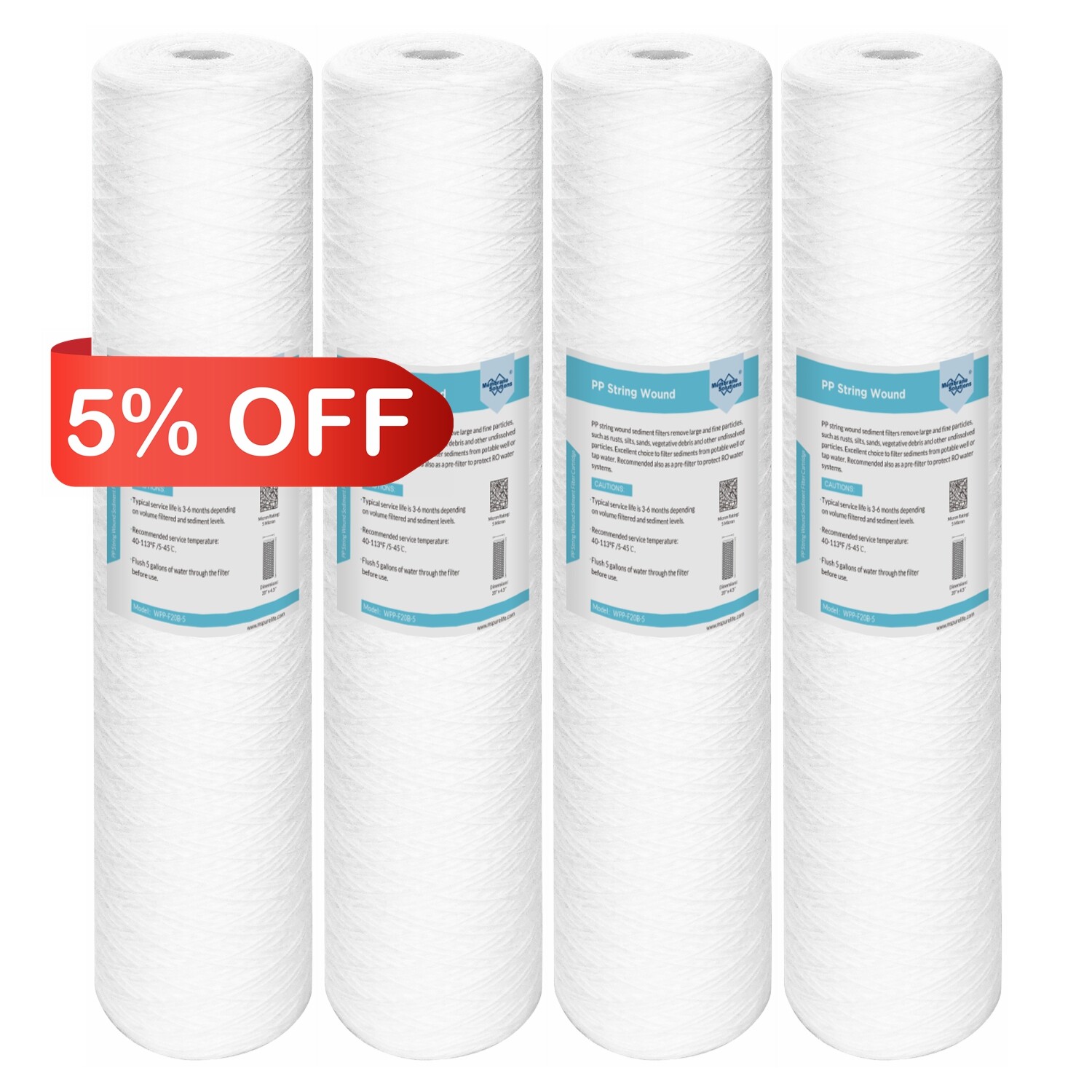 4 Pack 5/20 Micron 20" x 4.5" String Wound PP Sediment Water Filter for Big Blue