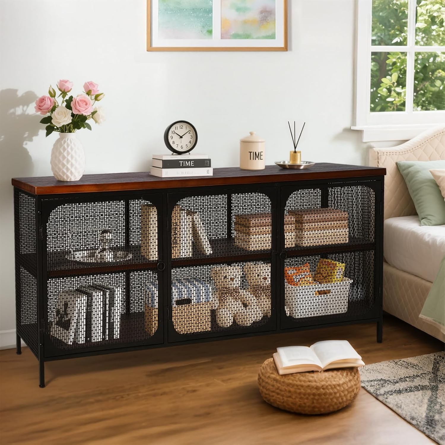 Industrial Stora Console Cabinet with Solid Wood , Bla Metal Mesh
