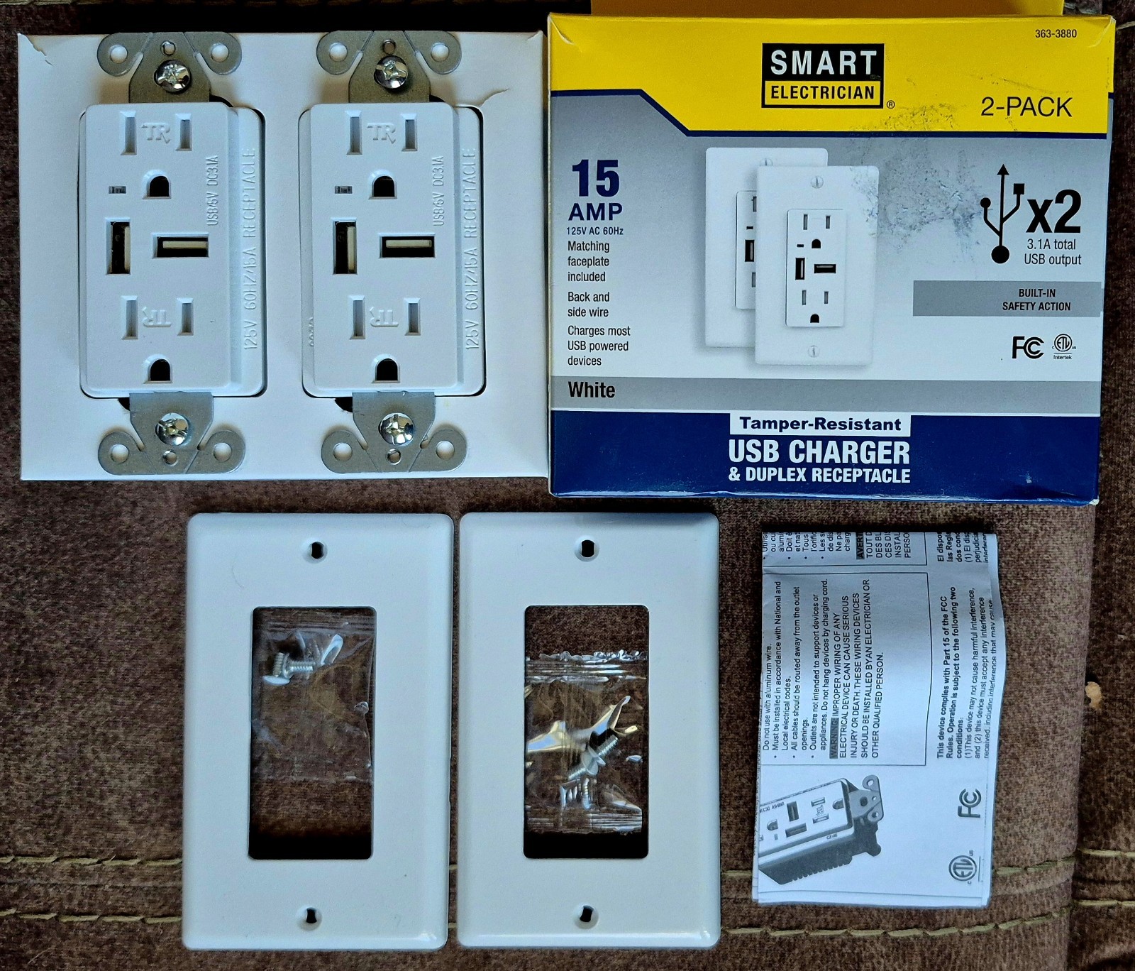 Dual USB-A Charger Duplex 15A Outlet Tamper Resistant 2 pack