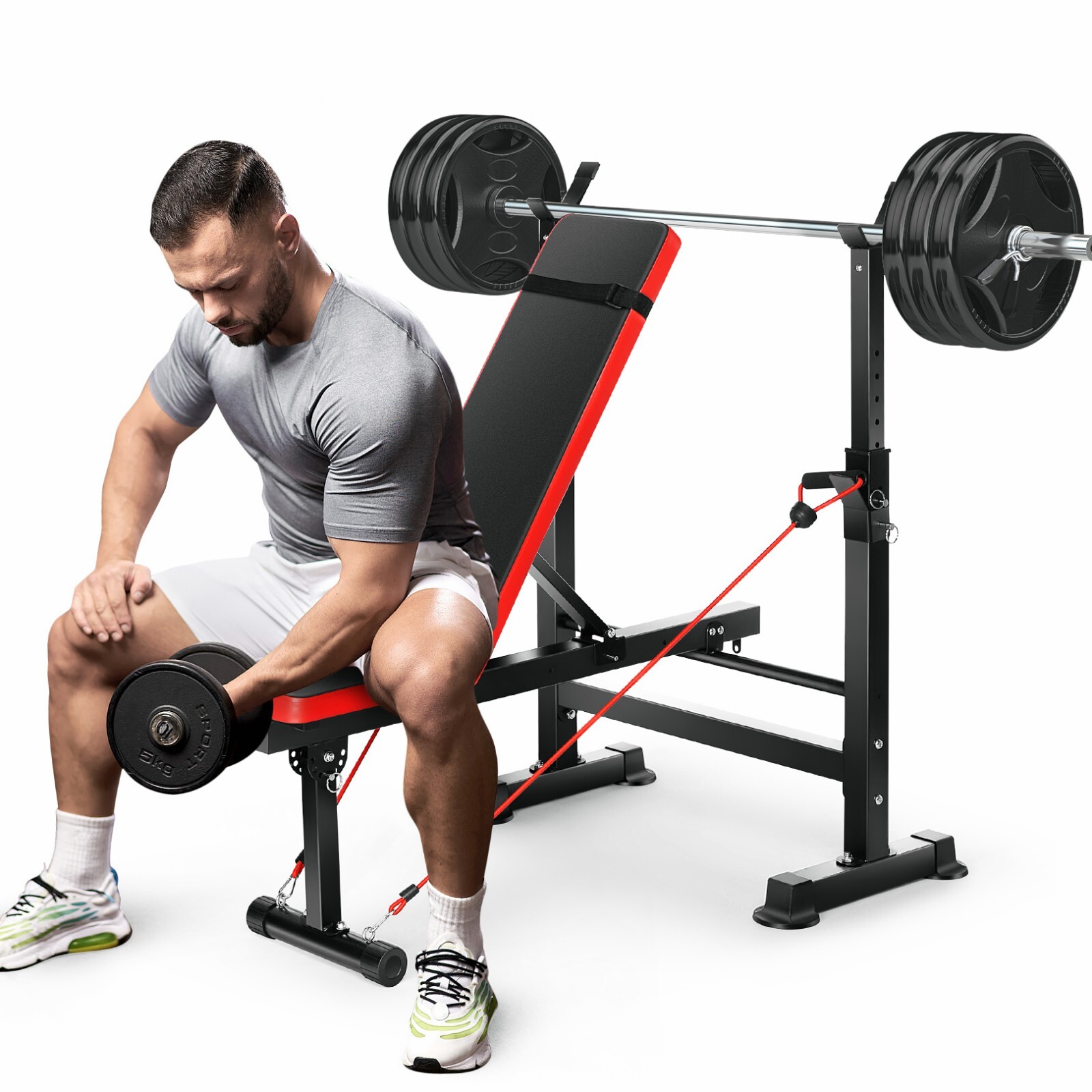 Adjustable Weight Bench 600Lbs 4-in-1 Folding Workout Bench Set w/Barbell Rack💪